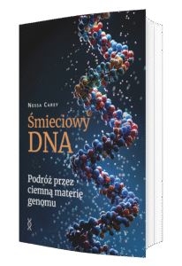 Trójwymiarowa wizualizacja okładki książki „Śmieciowy DNA. Podróż przez ciemną materię genomu”, wydanej przez Fundację En Arche. Na czarno-granatowym tle widoczne jest DNA